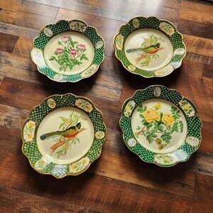 Vtg Floral Rose and Bird Decorative Hanging Plates with Cameo Detailing Cottage
